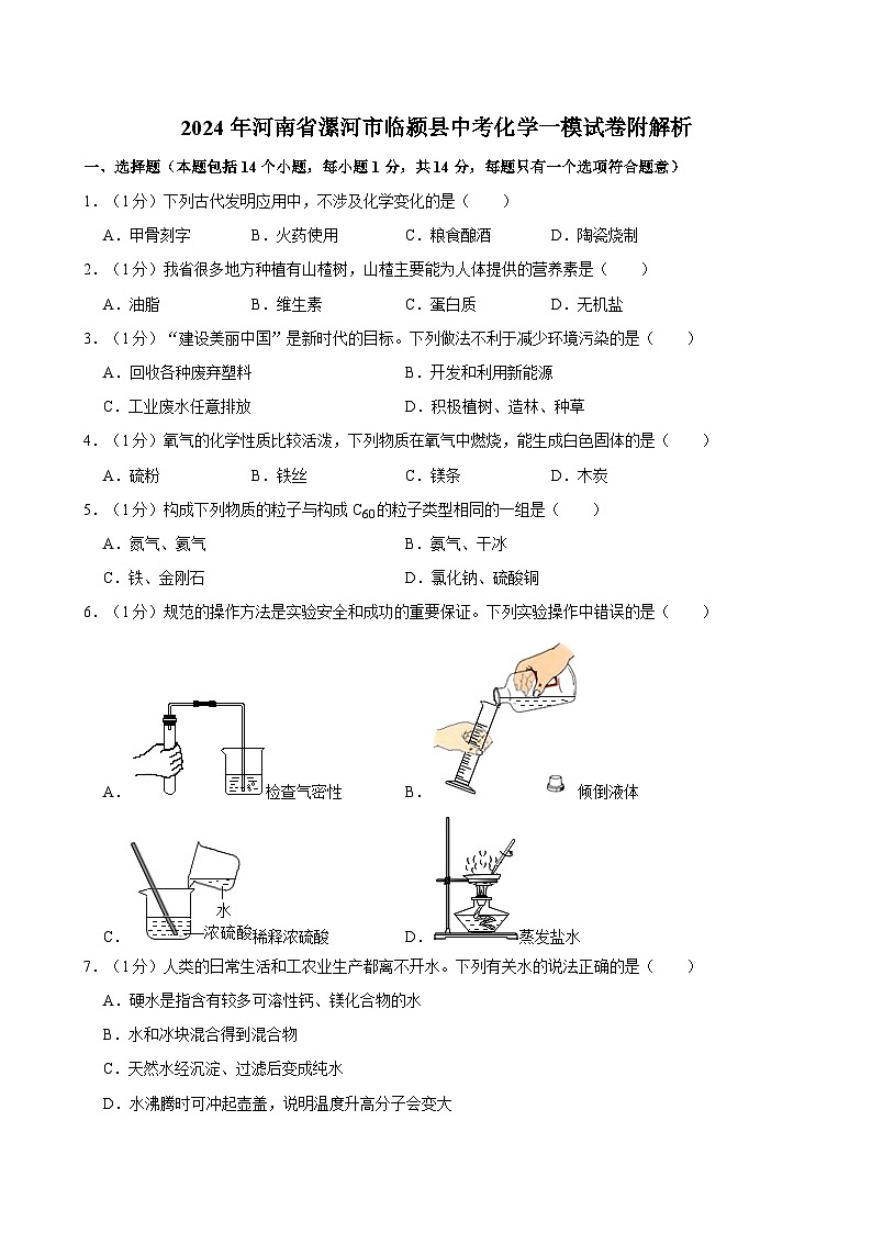 2024年河南省漯河市临颍县中考化学一模试卷附解析01