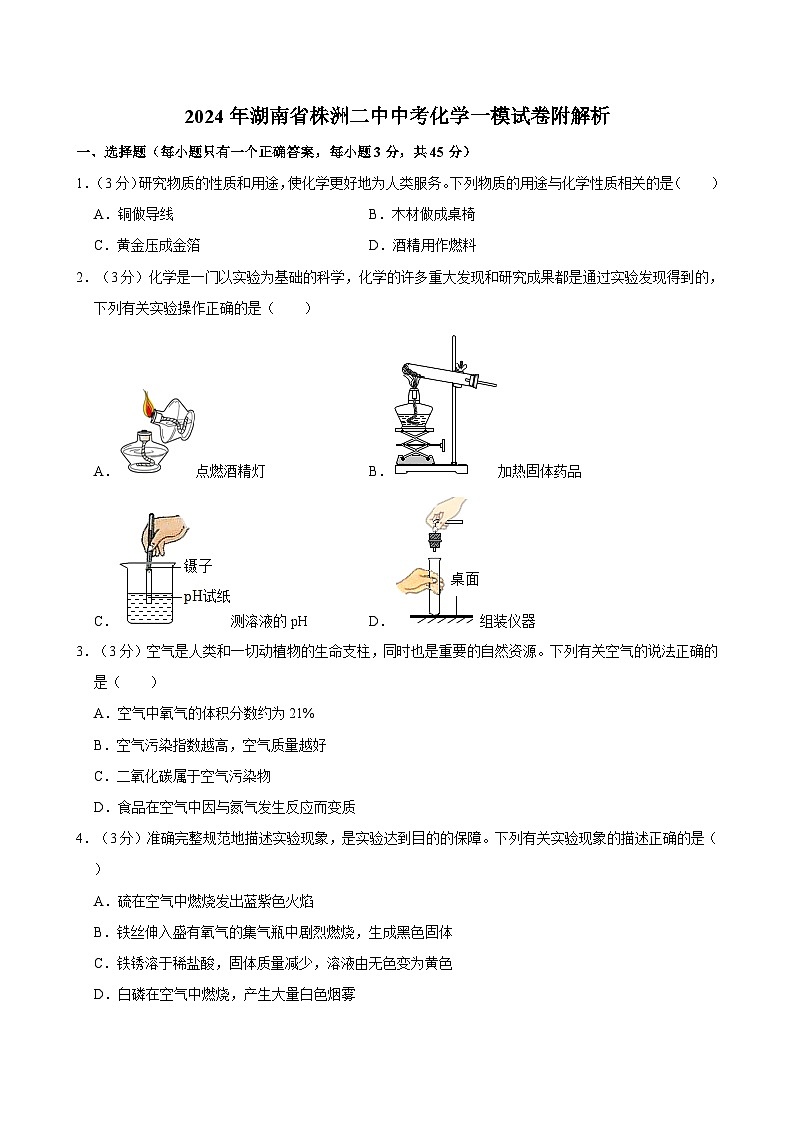 2024年湖南省株洲二中中考化学一模试卷附解析第1页