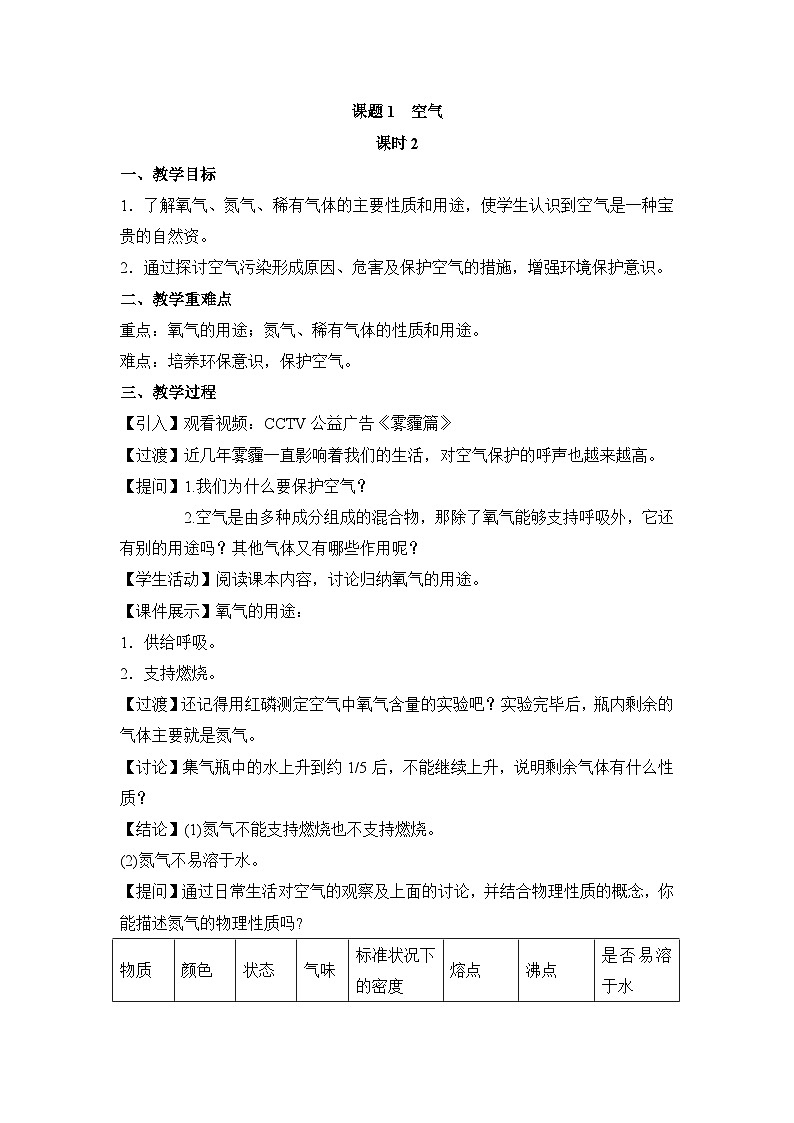 人教版化学九上2.1空气（第2课时） 教学设计第1页
