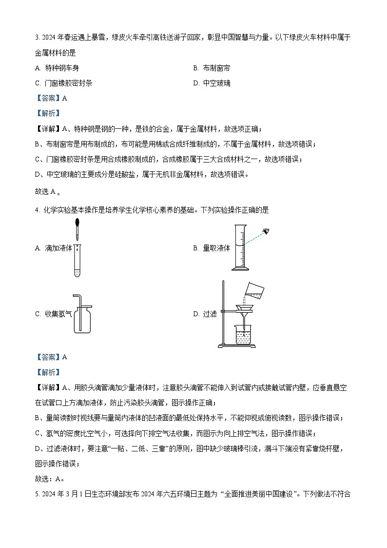2024年山东省临沂市莒南县中考一模化学试题（原卷版+解析版）02