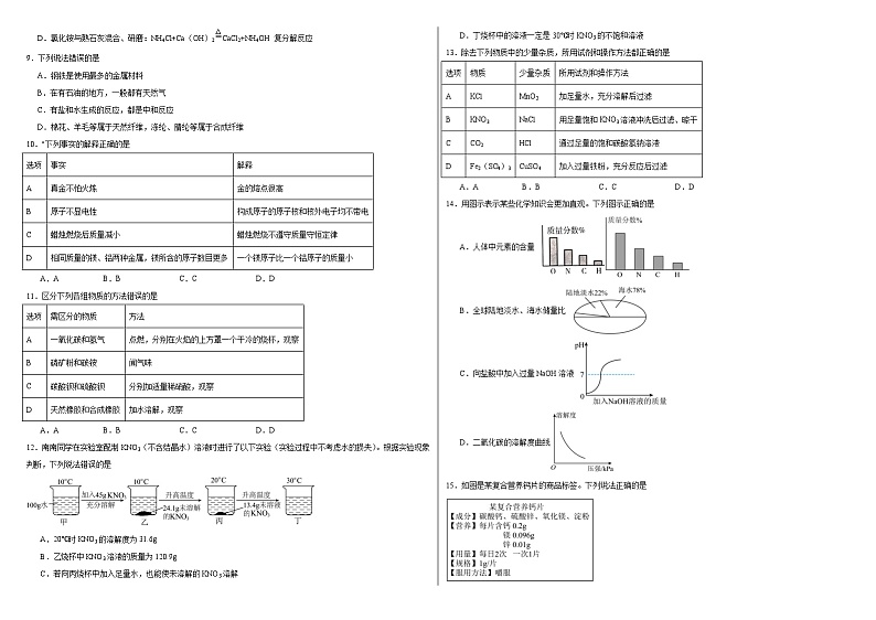 2024年黑龙江省哈尔滨市南岗区九年级复习情况调研（三）理科综合试卷（5月二模考试）-初中化学02