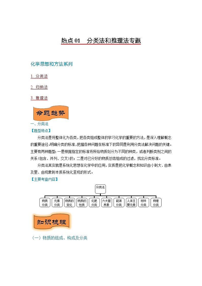 热点01  分类法和推理法专题-2024年中考化学题型专练（苏州专练）01