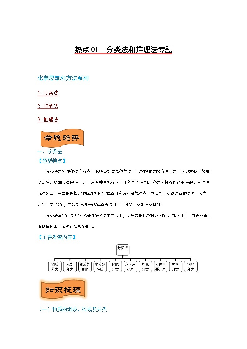 热点01  分类法和推理法专题-2024年中考化学题型专练（苏州专练）01