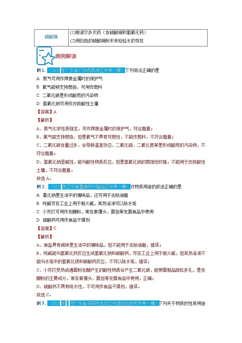 热点03  性质决定用途的思想方法专题-2024年中考化学题型专练（苏州专练）03