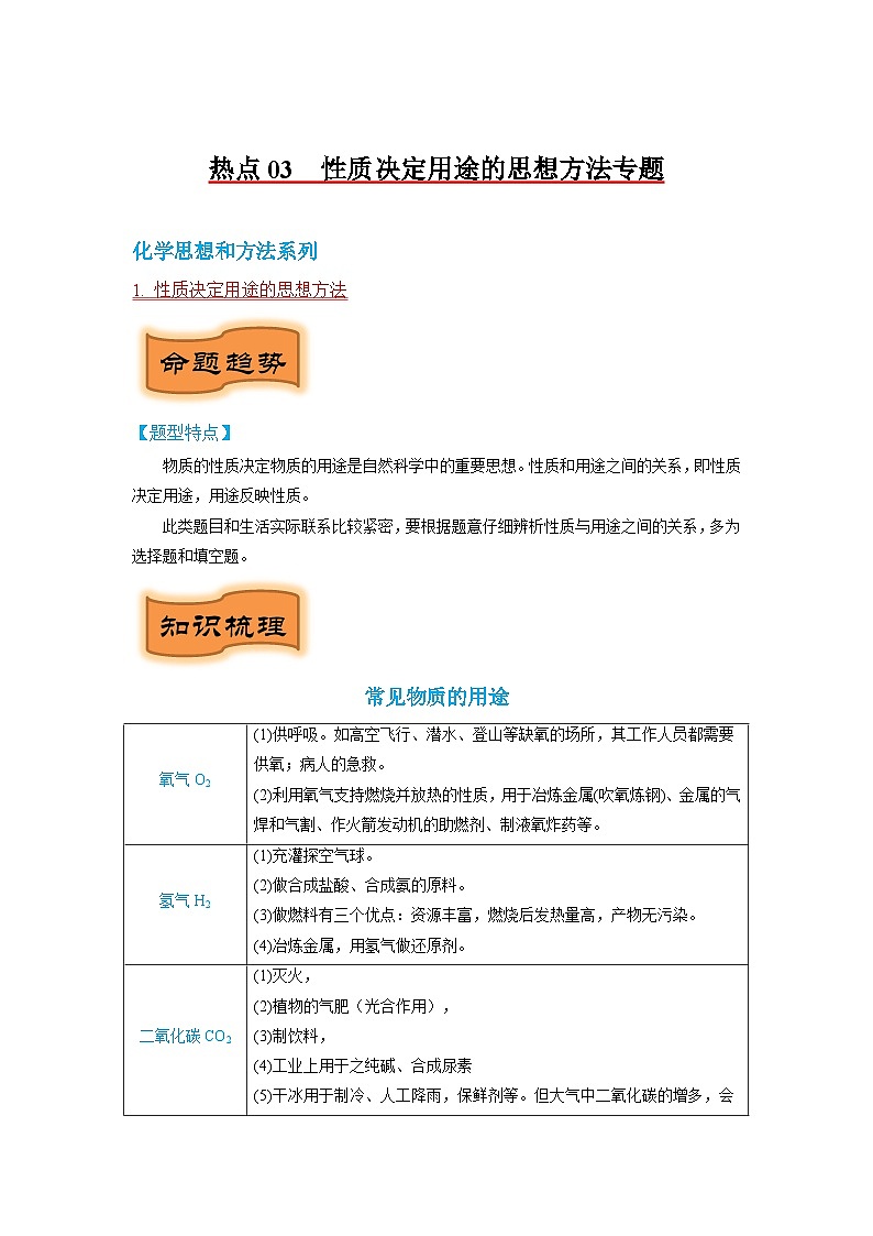 热点03  性质决定用途的思想方法专题-2024年中考化学题型专练（苏州专练）01