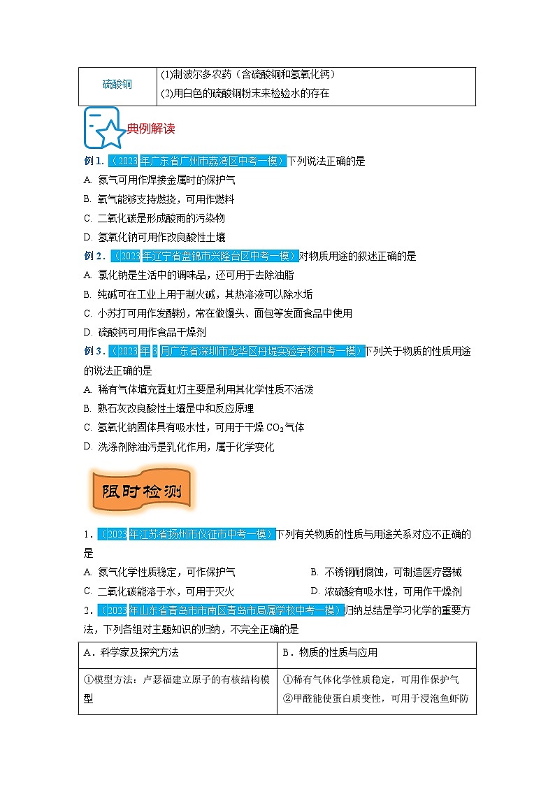 热点03  性质决定用途的思想方法专题-2024年中考化学题型专练（苏州专练）03