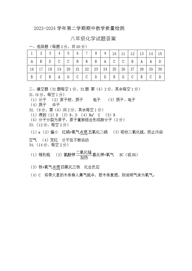 山东省宁津县大庄中学2023-2024学年八年级下学期期中考试化学试题01