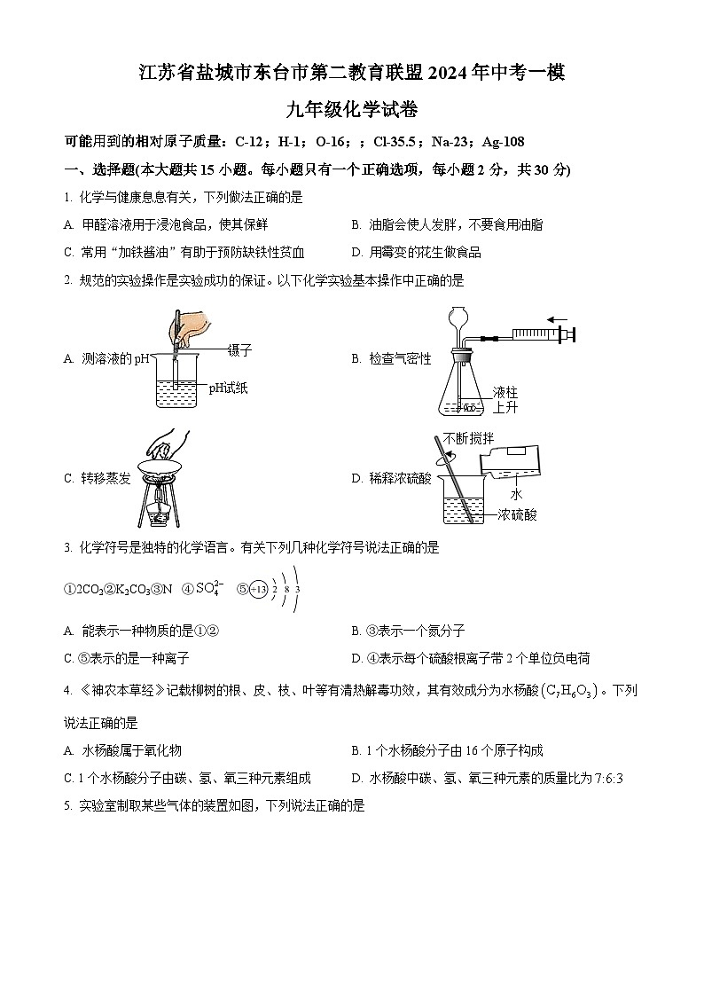 2024年江苏省盐城市东台市第二教育联盟中考一模化学试题（原卷版+解析版）01