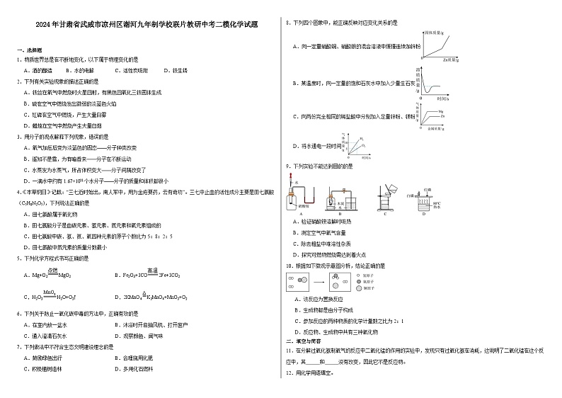 2024年甘肃省武威市凉州区谢河九年制学校联片教研中考二模化学试题01