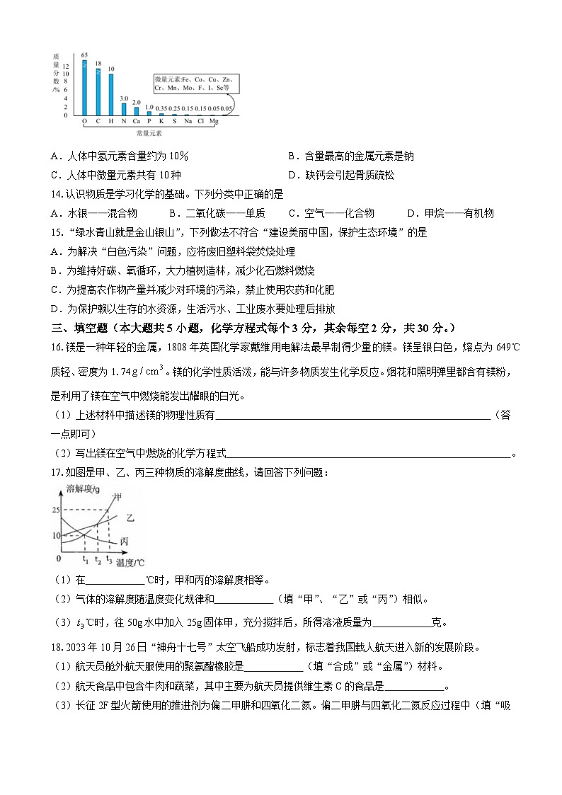 2024年湖南省长沙市青竹湖湘一外国语学校第一次中考模拟考试化学试题(无答案)03