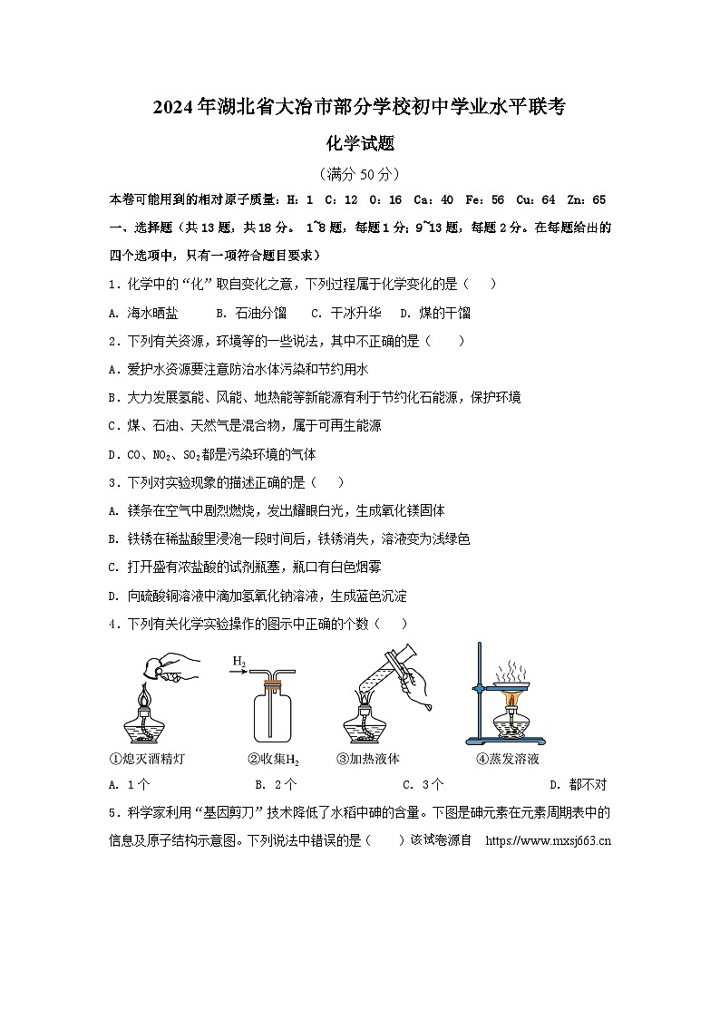 2024年湖北省大冶市部分学校初中学业水平联考化学试题01
