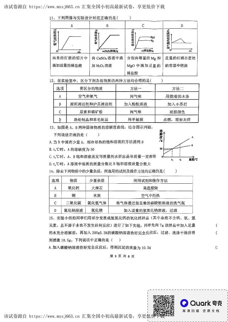 2024年黑龙江省哈尔滨市第六十九中学九年级阶段性适应性测试化学试卷（一）第3页