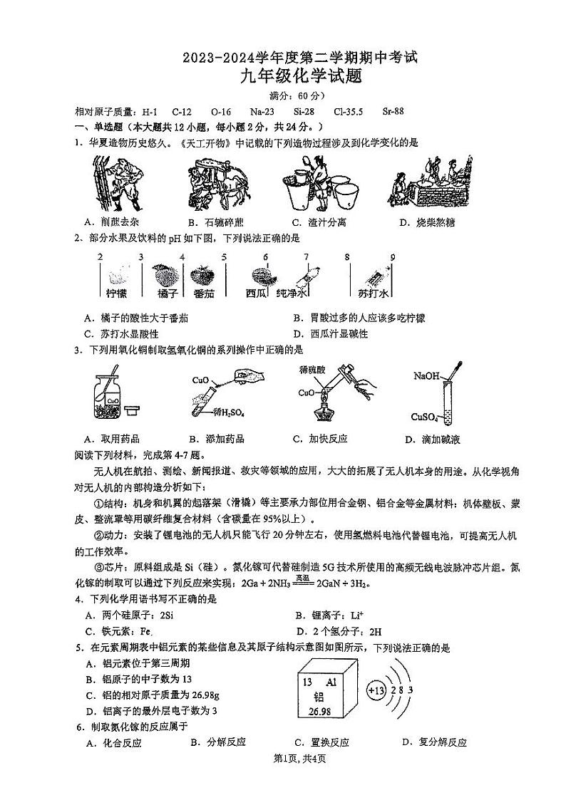 江苏省连云港市新海初级中学2023-2024学年九年级下学期期中化学试卷第1页