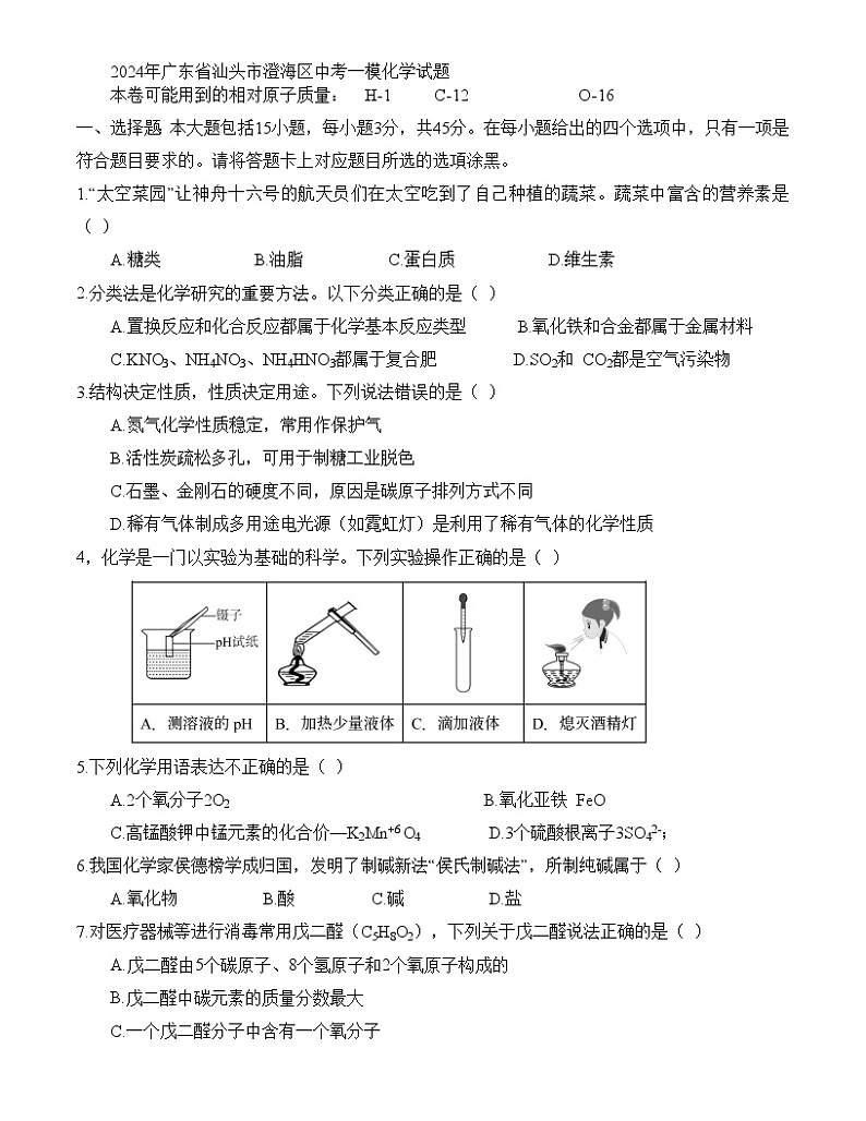2024年广东省汕头市澄海区中考一模化学试题01