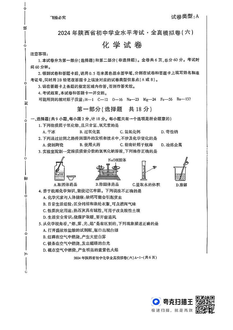 2024年陕西省延安市初中学业水平考试化学模拟试卷（六）第1页