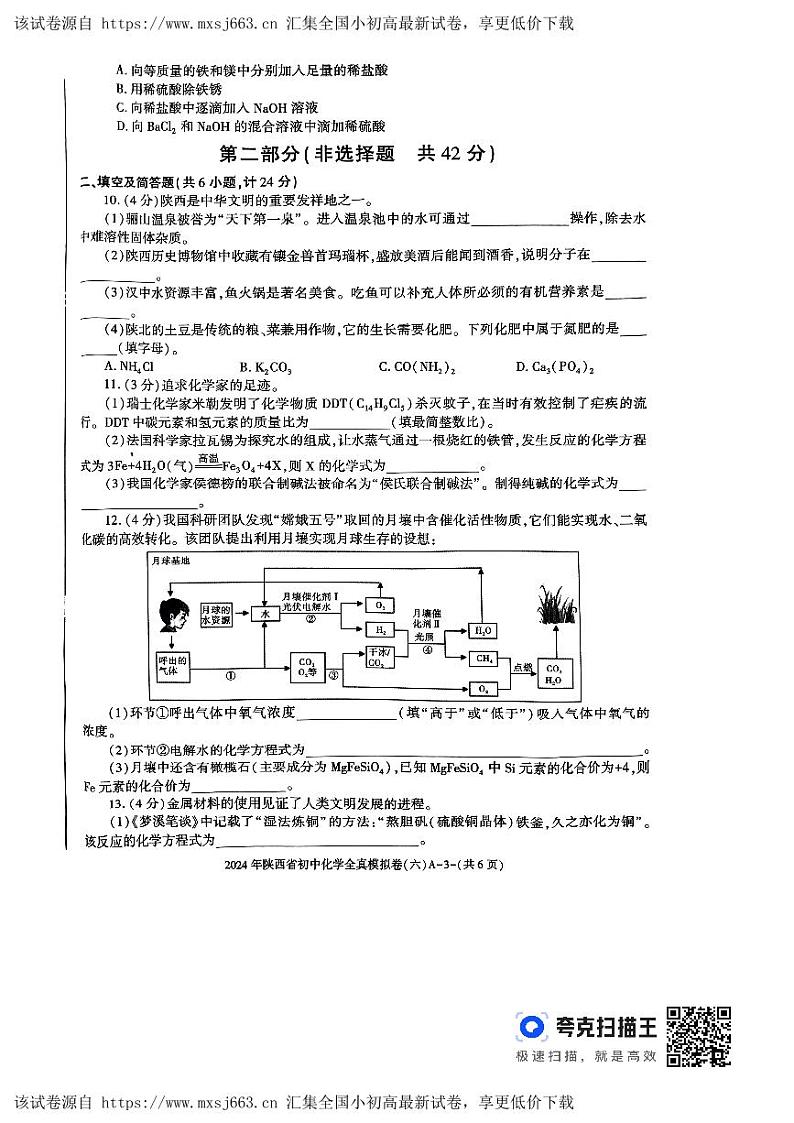2024年陕西省延安市初中学业水平考试化学模拟试卷（六）第3页