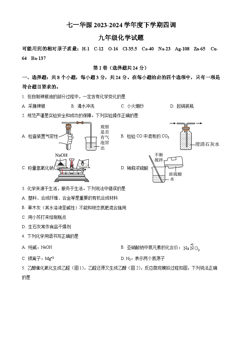 湖北武汉市江岸区七一华源2023-2024学年九年级下学期四调化学试题（原卷版+解析版）01