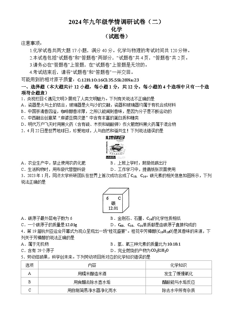 2024年安徽省合肥市经开区中考二模化学试卷01
