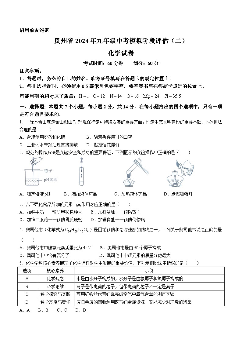 2024年贵州省黔东南州剑河县第四中学中考模拟阶段评估（二）化学试卷第1页