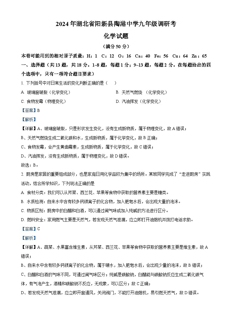 2024年湖北省阳新县陶港镇初级中学九年级调研化学试题（解析版）第1页