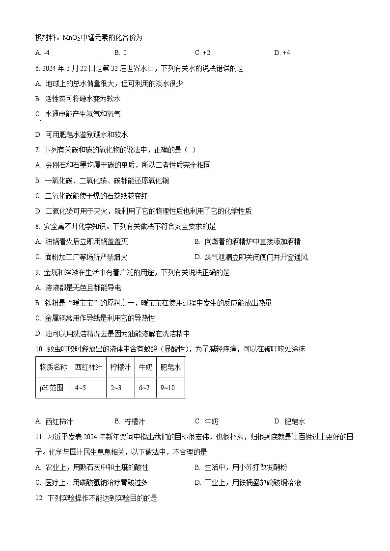 2024年湖南省长沙市青竹湖湘一外国语学校第一次中考模拟考试化学试题（原卷版+解析版）02