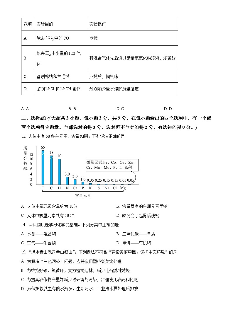 2024年湖南省长沙市青竹湖湘一外国语学校第一次中考模拟考试化学试题（原卷版+解析版）03