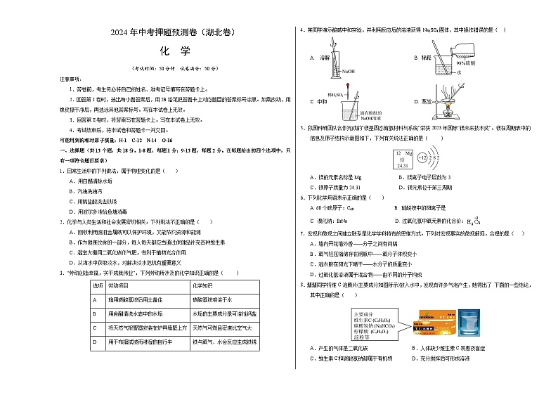 2024年中考押题预测卷：化学（湖北卷）（考试版A3）01