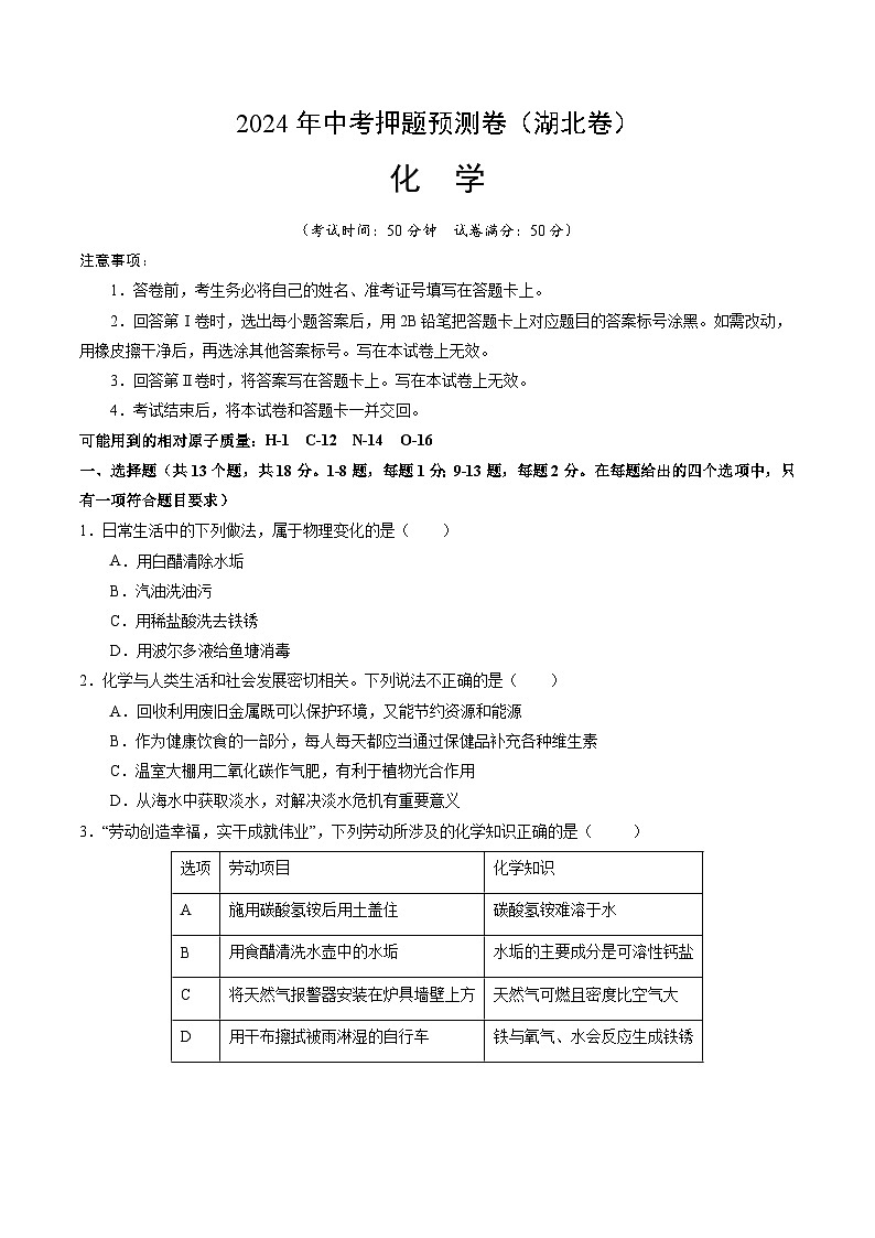 2024年中考押题预测卷：化学（湖北卷）（考试版A4）01