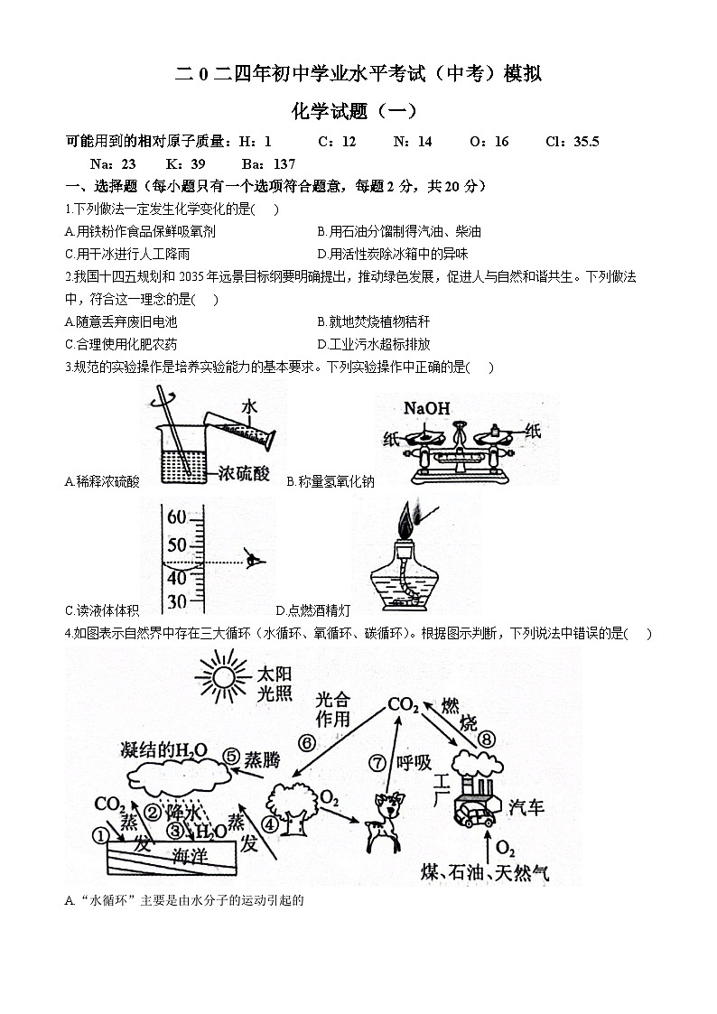2024年山东省菏泽市单县中考一模化学试题01