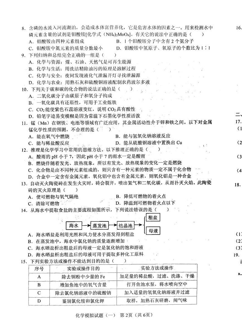 2024年山东省临沂市初中学业水平考试化学模拟试题一02