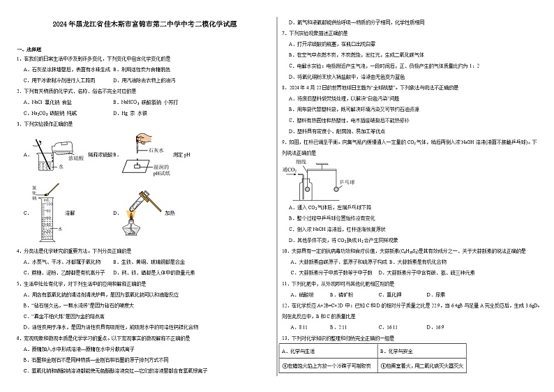 2024年黑龙江省佳木斯市富锦市第二中学中考二模化学试题01