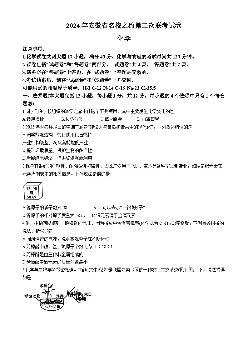 ，2024年安徽省名校之约九年级第二次联考化学试卷01