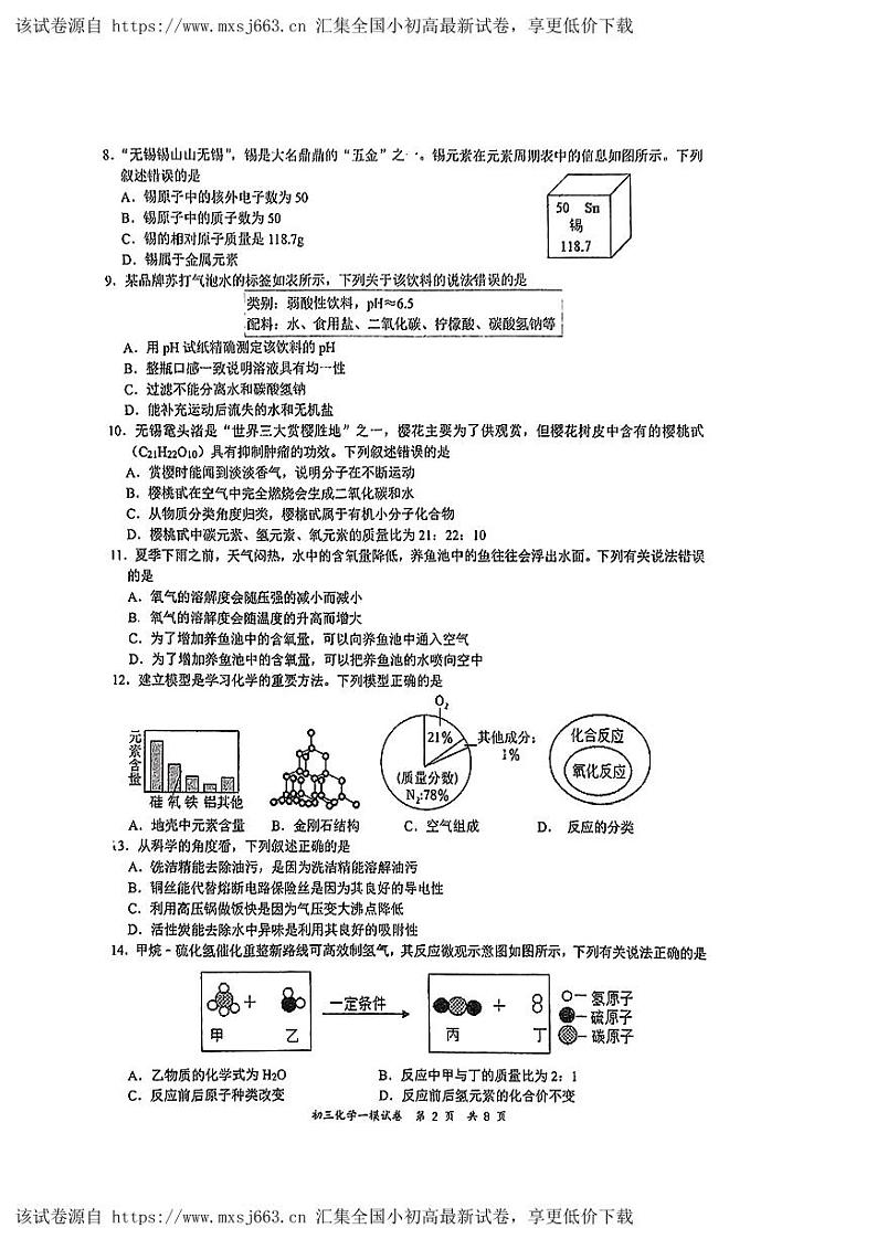 2024年江苏省无锡市梁溪区无锡外国语学校中考一模化学试题02