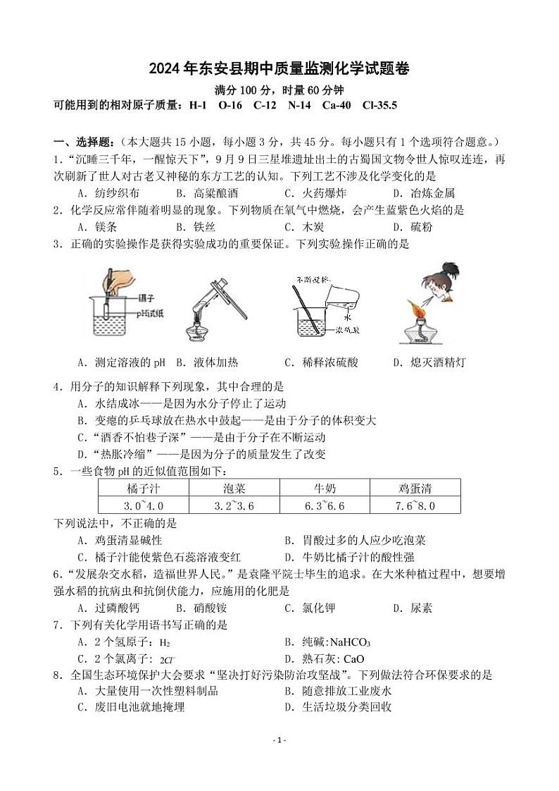 湖南省永州市东安县2023-2024年学年九年级下学期期中质量监测化学试题(1)01