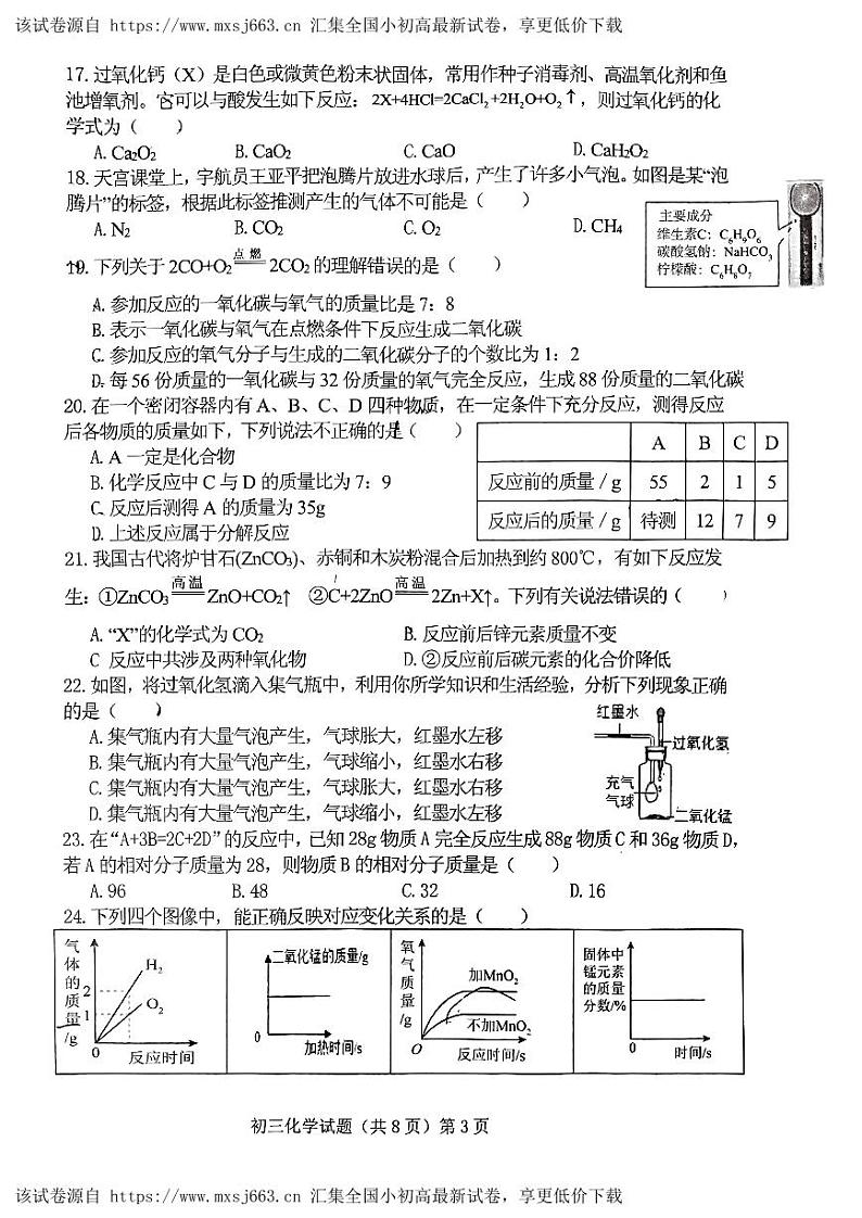 山东省济宁市任城区济宁学院附属中学2023-2024学年八年级下学期4月期中化学试题第3页