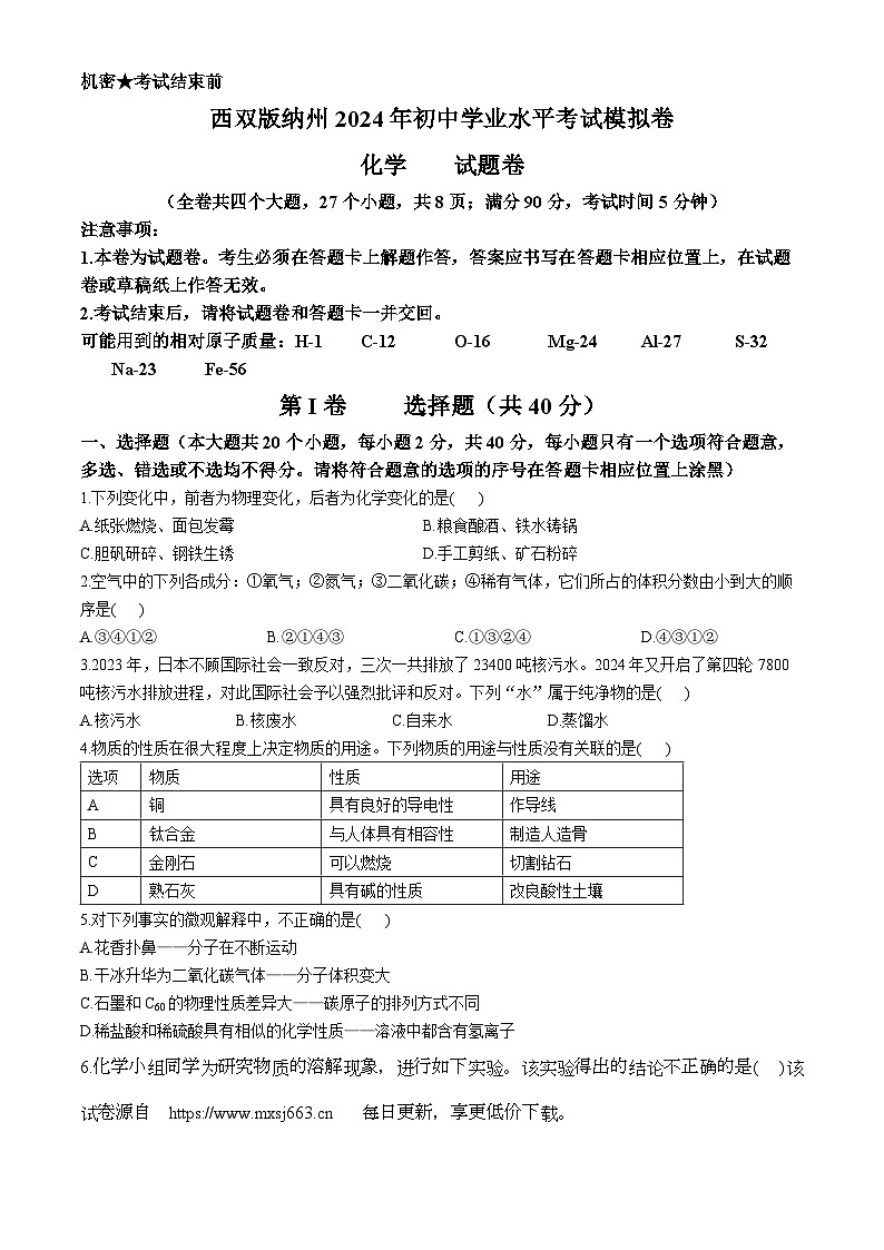 117，2024年云南西双版纳州九年级一模化学试题(无答案)第1页