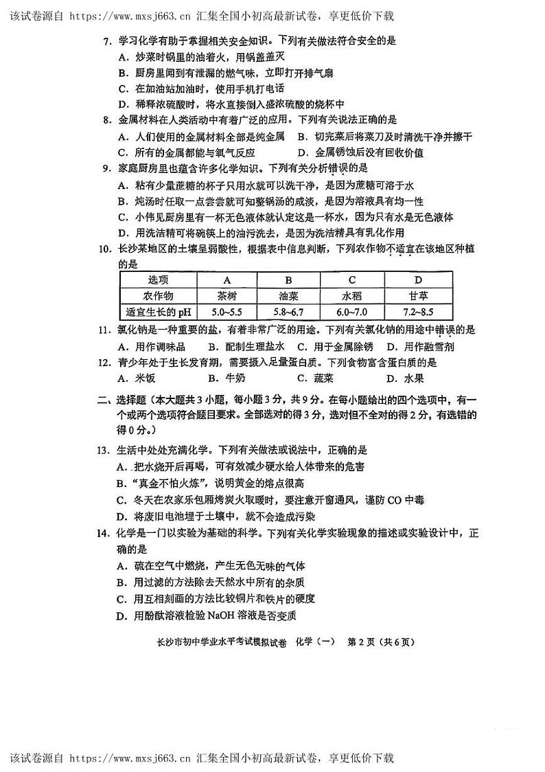 16，2024年湖南省长沙市初中学业水平考试模拟化学试卷（一）第2页