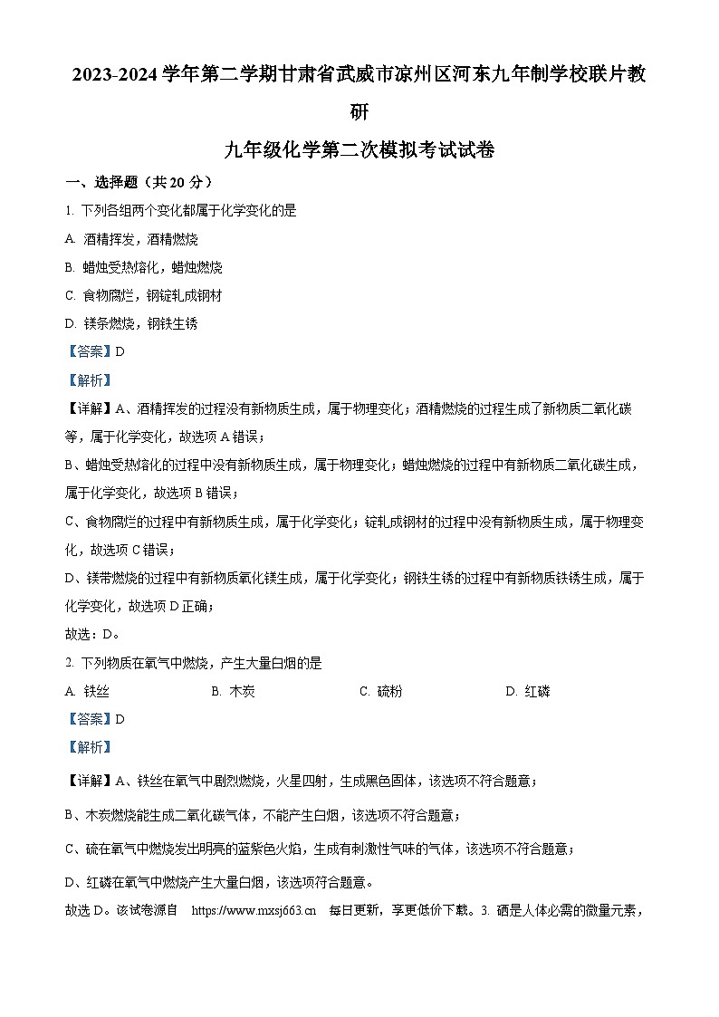 33，2024年甘肃省武威市凉州区河东九年制学校联片教研九年级二模化学试题第1页