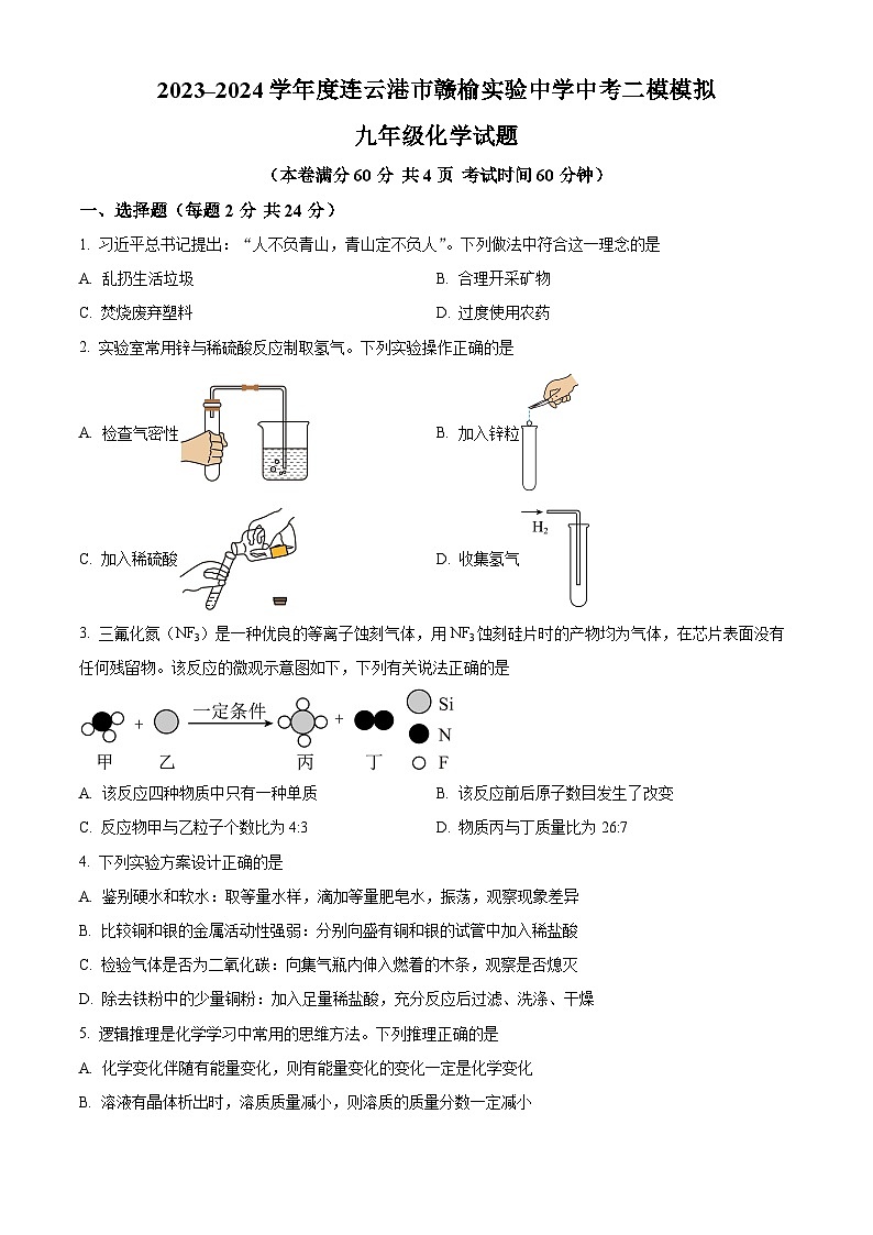 2024年江苏省连云港市赣榆区赣榆实验中学中考二模考试化学试题（原卷版）第1页