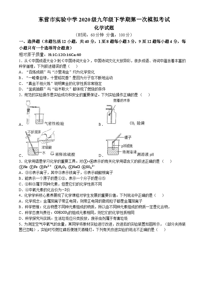 94，2024年山东省东营市实验中学中考第一次模拟考试化学试题(无答案)第1页