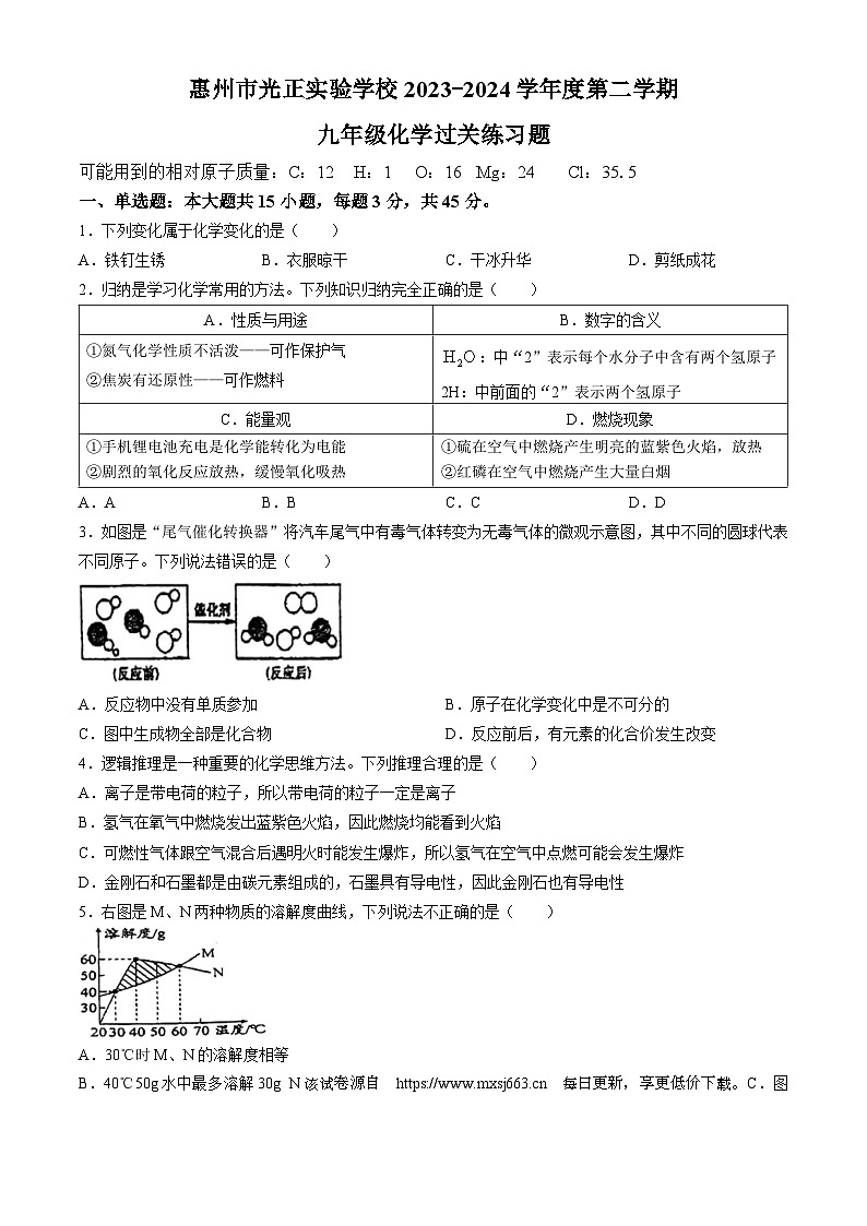 04，广东省惠州市光正实验学校2023-2024学年九年级下学期化学第一次月考试题(无答案)01