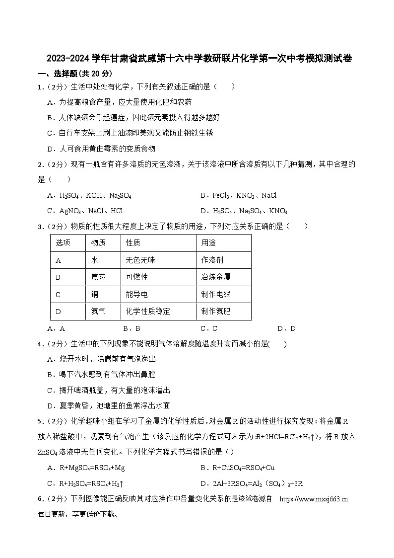 13，2024年甘肃省武威市凉州区武威第十六中学教研联片中考一模化学试题第1页