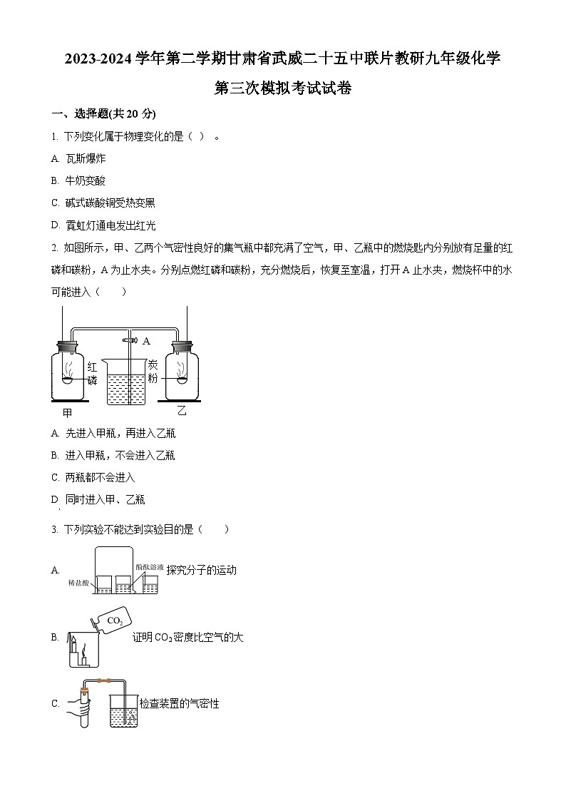 2024年甘肃省武威市凉州区武威第二十五中学联片教研九年级三模化学试题（原卷版）第1页