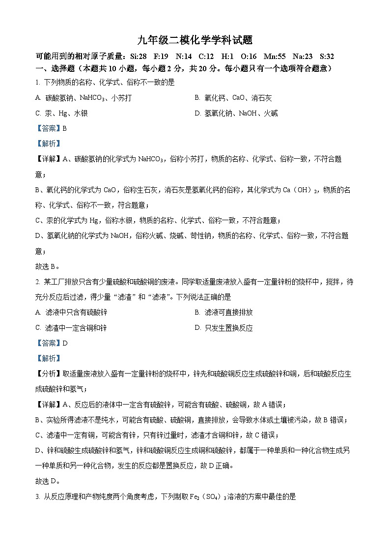 2024年江苏省徐州市沛县第五中学九年级二模化学试题（原卷版+解析版）01