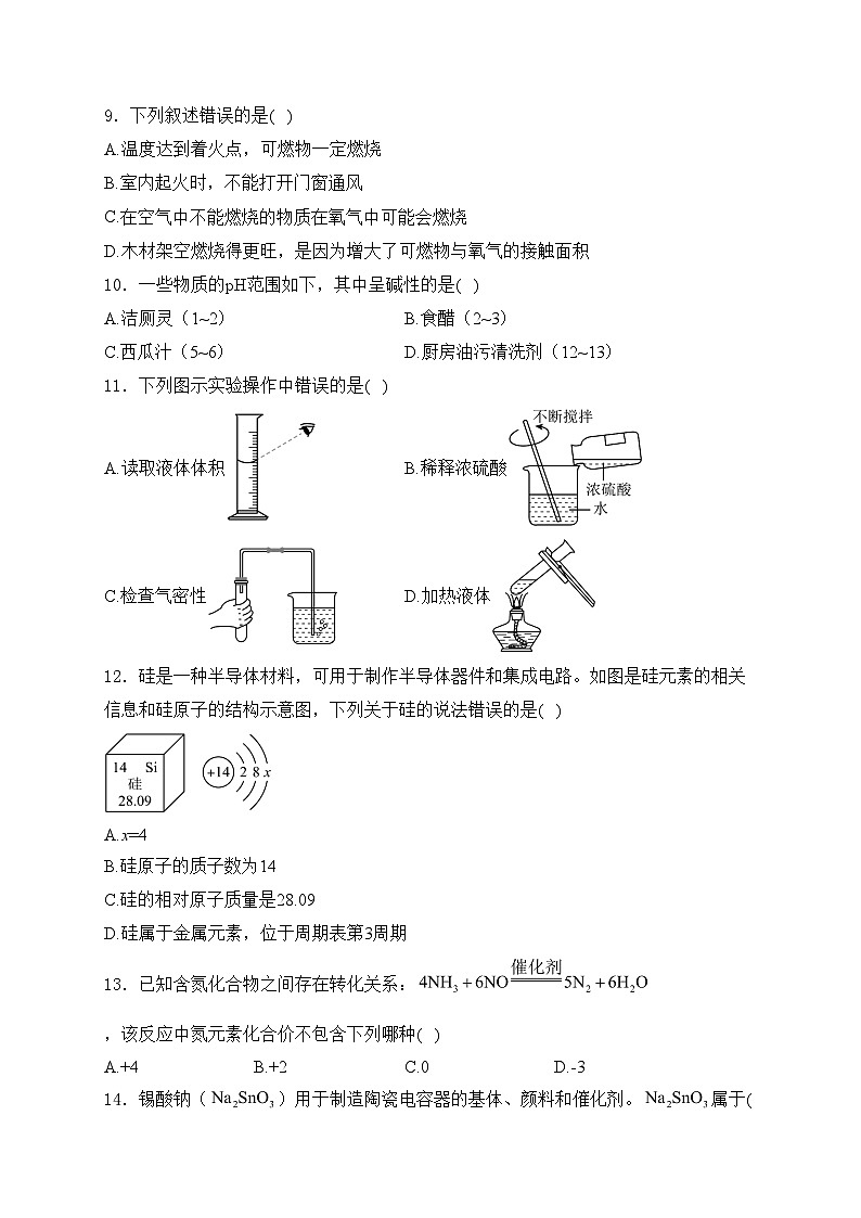 云南省红河州2024年初中学业水平考试模拟化学试卷（一）(含答案)第2页