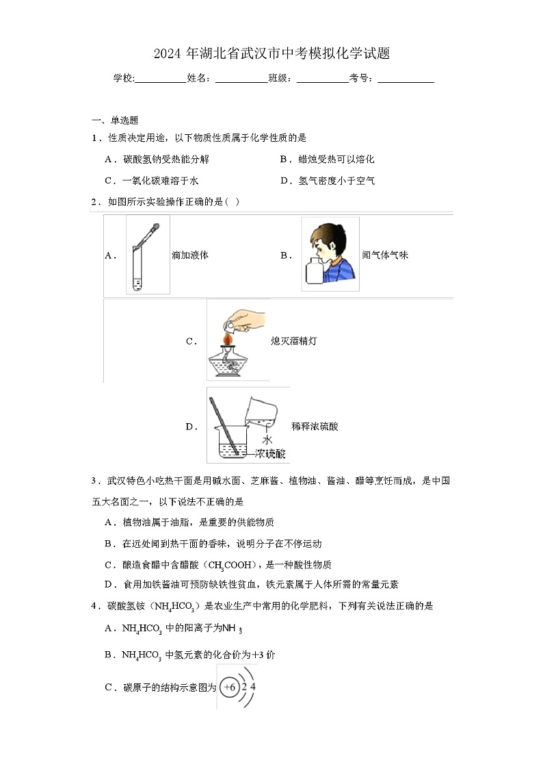 2024 年湖北省武汉市中考模拟化学试题（解析版）第1页