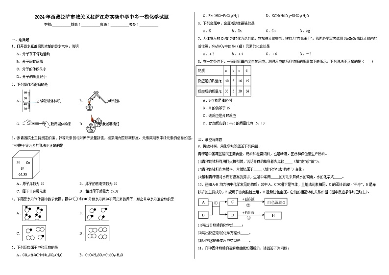 2024年西藏拉萨市城关区拉萨江苏实验中学中考一模化学试题(1)第1页