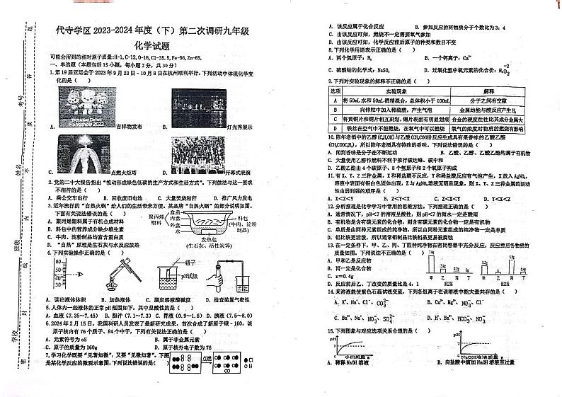 2024年四川省自贡市富顺县代寺学区中考二模化学试题第1页