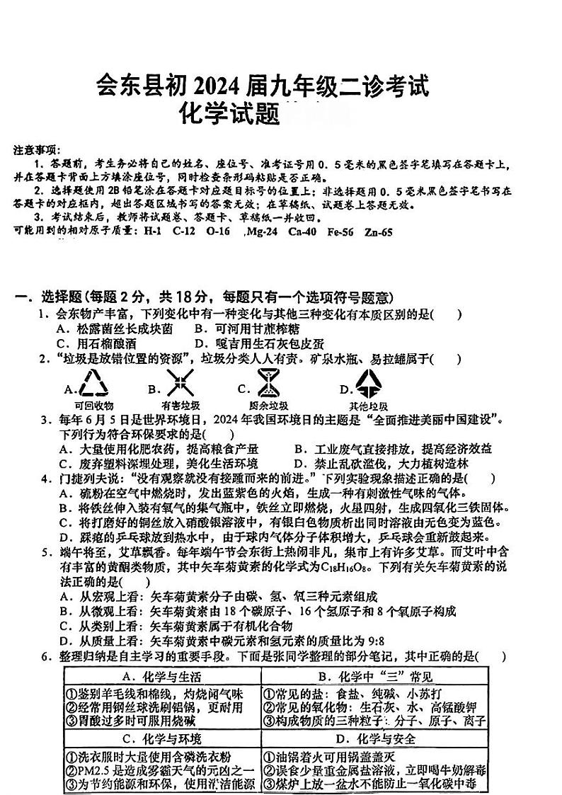 2024年四川省凉山彝族自治州会东县中考二诊考试化学试题第1页
