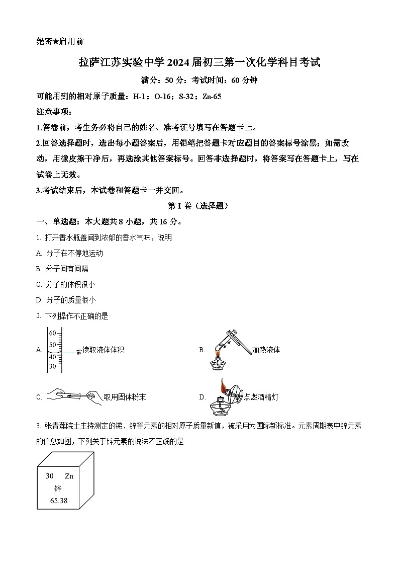 2024年西藏拉萨市城关区拉萨江苏实验中学中考一模化学试题（原卷版）第1页